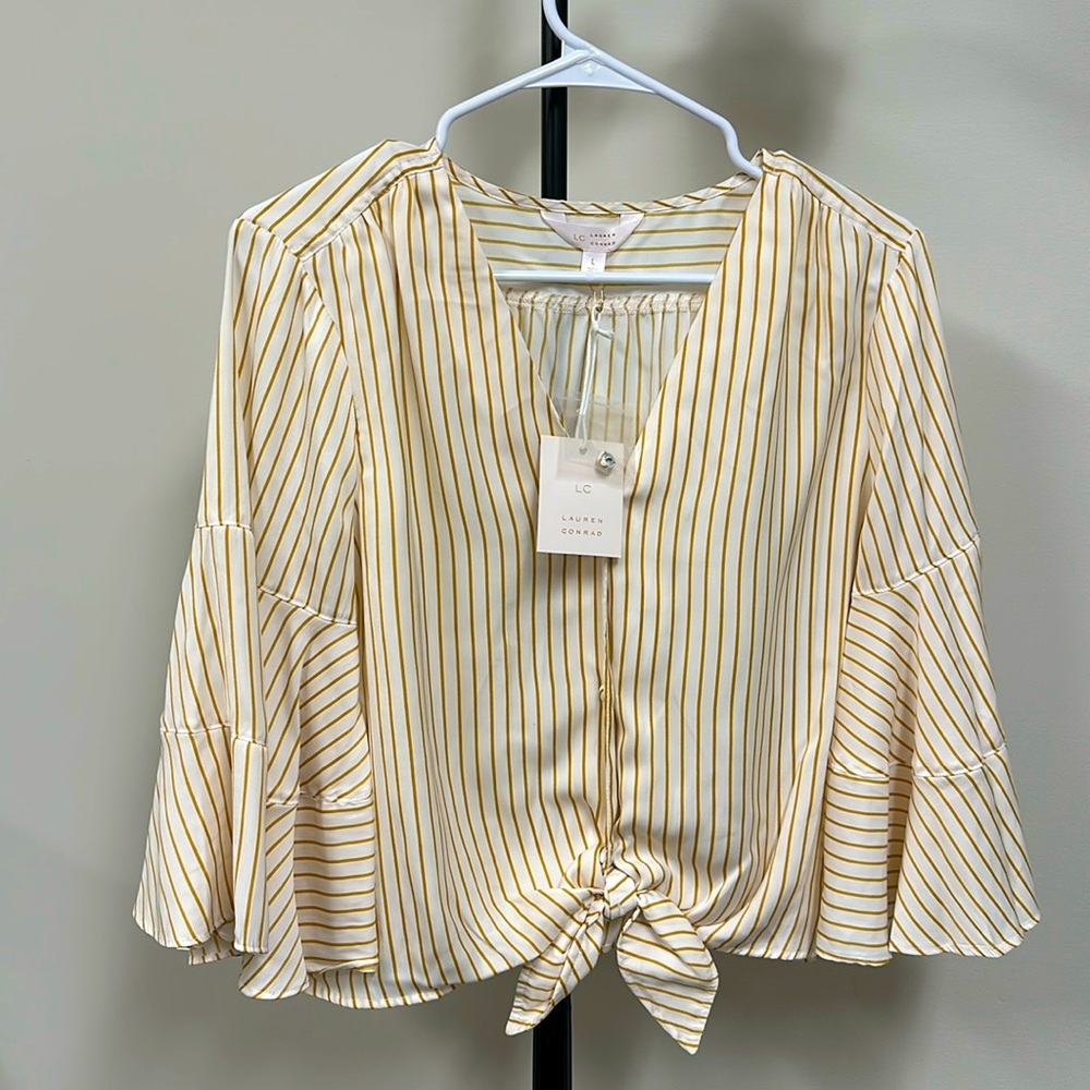 LC Lauren Conrad, women’s striped button front top Large, beige and gold